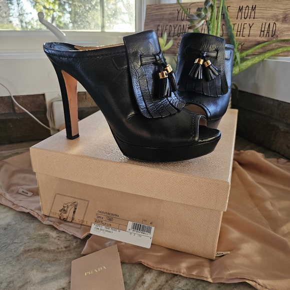 PRADA Black Peep Toe Platform Mules  Tassel Size 40 GORGEOUS 😍 Calzature Donna - Picture 2 of 14